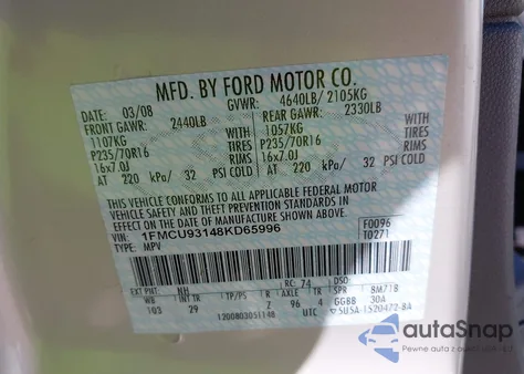 2008 Ford Escape Xlt from USA, damaged, VIN 1FMCU93148KD65996